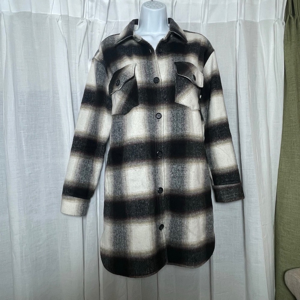 Thread & Supply Shacket Women S Longline Plaid Polyester Black Multi Plaid